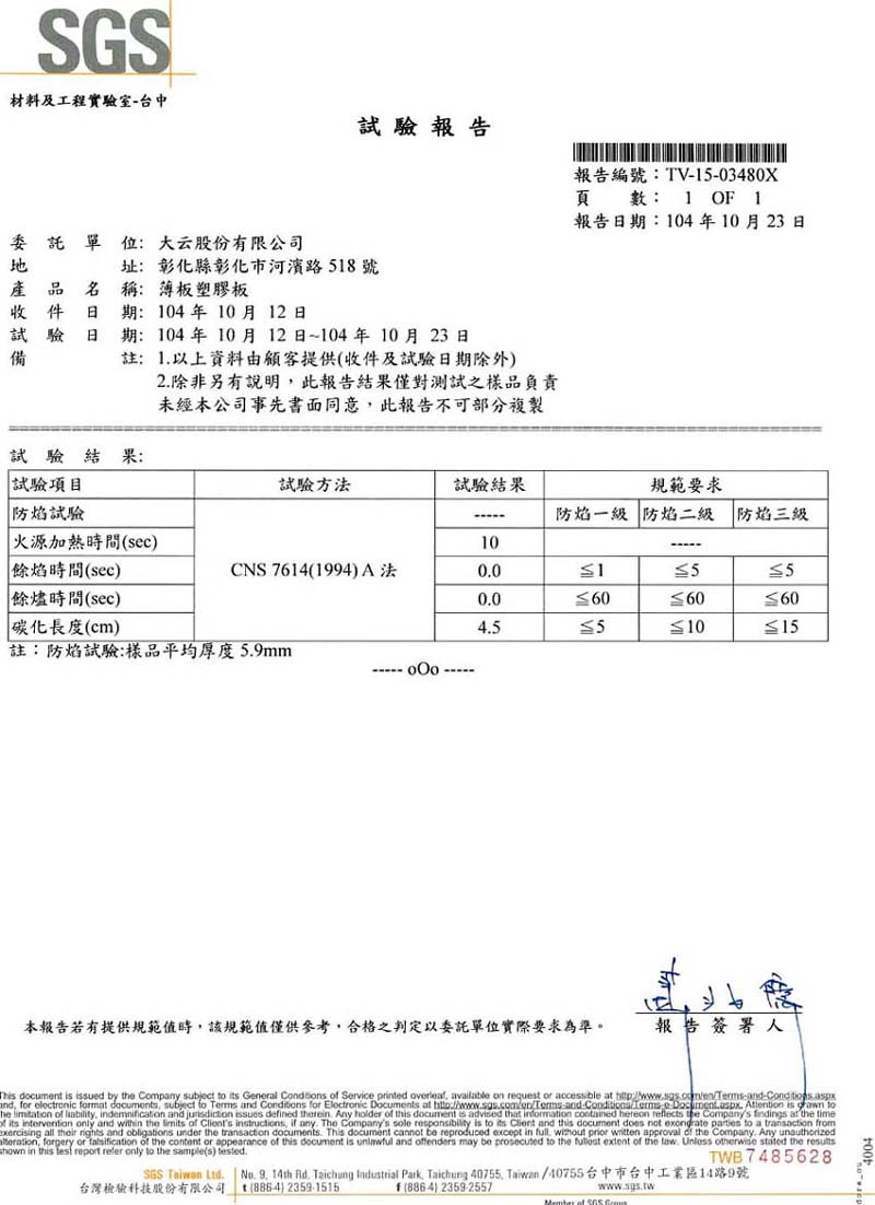 2016.01 - The latest SGS Fire Test Report of PVC Foamed Wall Panel in 2015. 